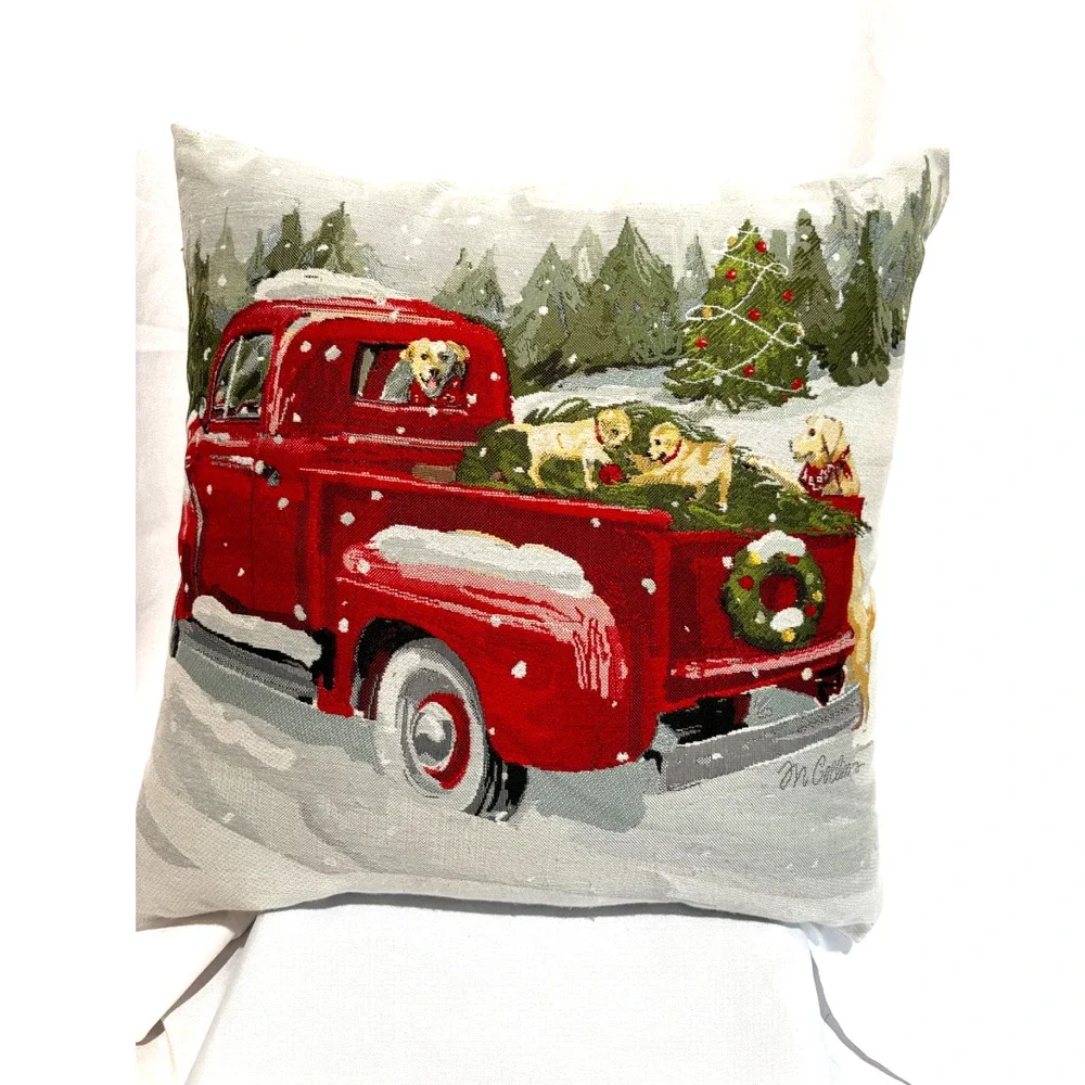 Christmas Throw Pillow Holiday Truck Tapestry embroidered golden retrievers sign